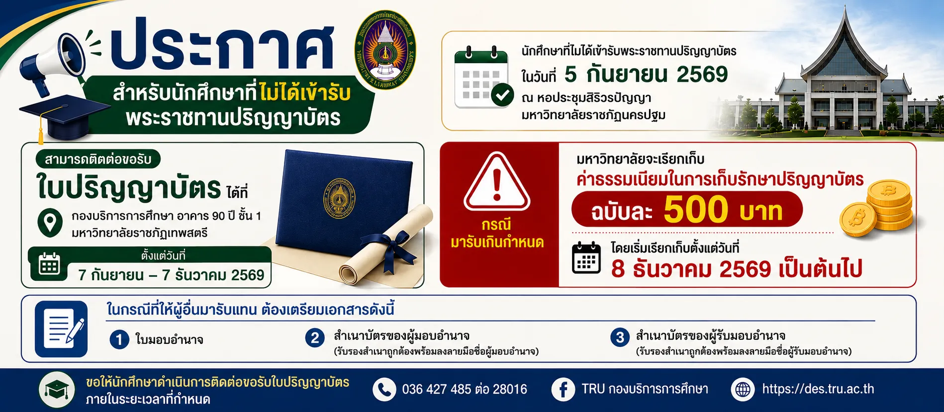 สำหรับนักศึกษาที่ไม่ได้เข้ารับพระราชทานปริญญาบัตร ในวันที่ 5 กันยายน 2569 ณ หอประชุมสิริวรปัญญา มหาวิทยาลัยราชภัฏนครปฐม