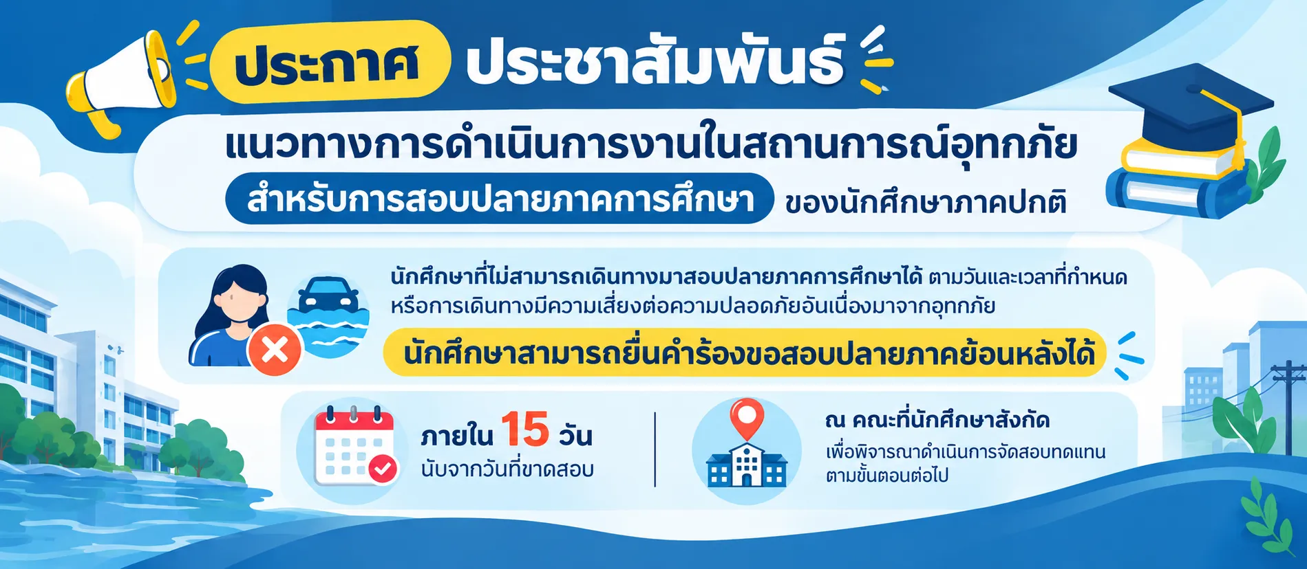 เเนวทางการดำเนินงานในสถานการณ์อุทกภัย สำหรับการสอบปลายภาคการศึกษา ของนักศึกษาภาคปกติ