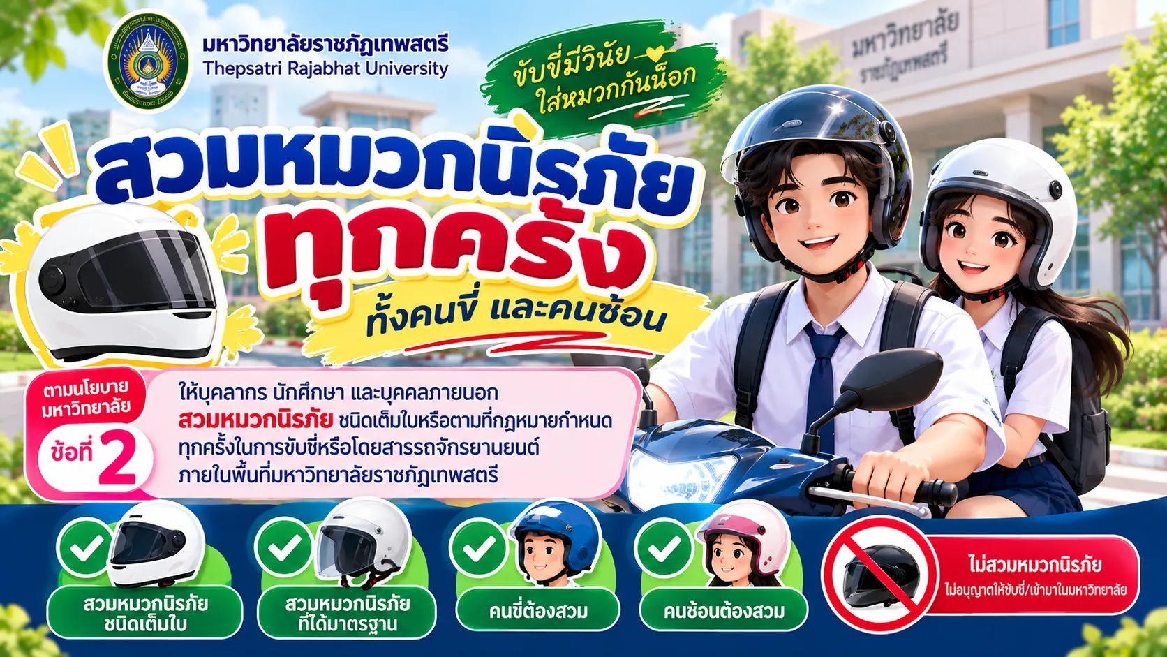 นโยบายเเละมาตรการองค์กรเพื่อความปลอดภัยทางถนนเเละวินัยจราจรภายในพื้นที่มหาวิทยาลัยราชภัฏเทพสตรี